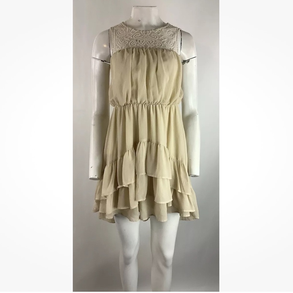 Free People Sz XS Chiffon Lace Tiered Mini Dress Tan Sleeveless Pullover